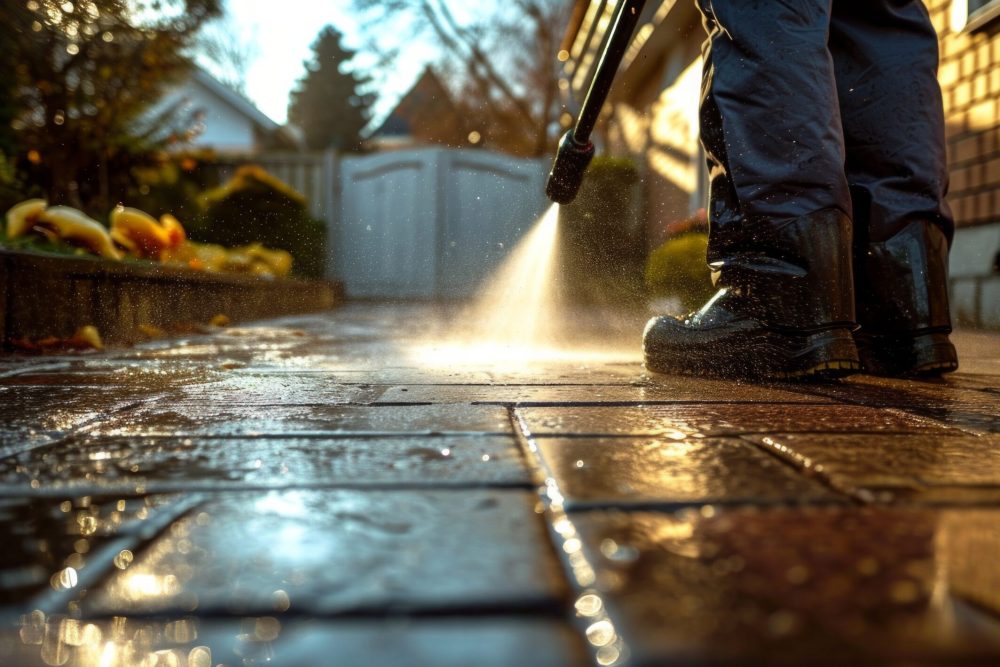 an individual cleaning the driveway with a spray an individual cleaning the driveway with a spray.